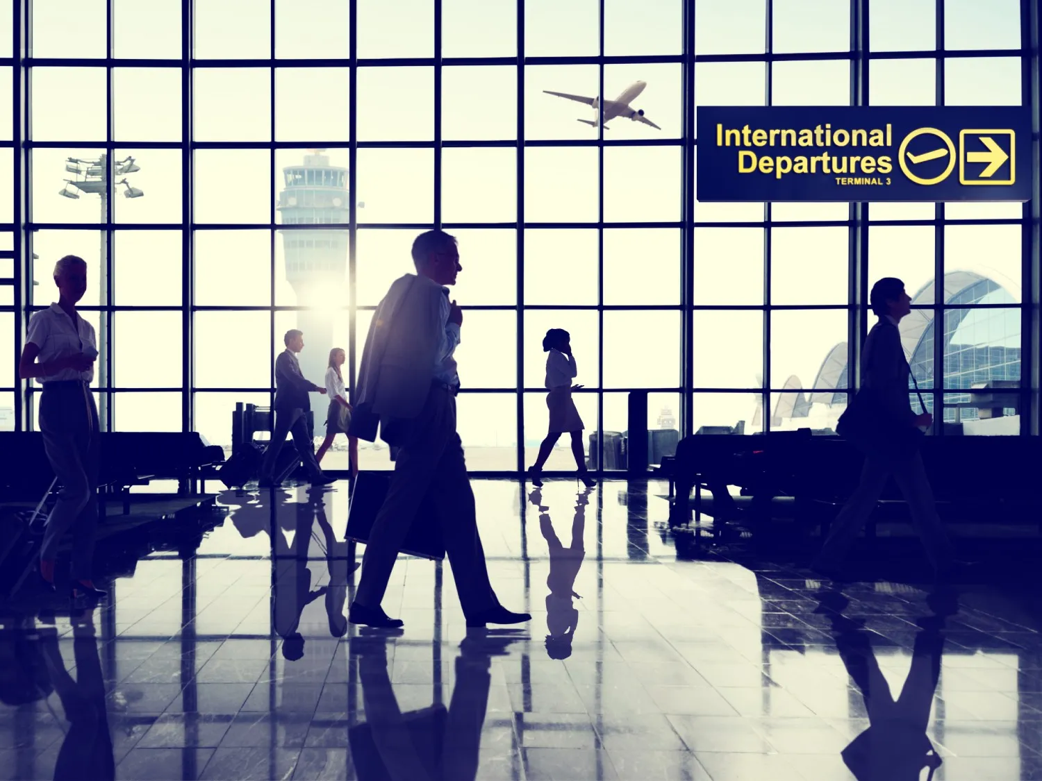 International departure terminal at an airport