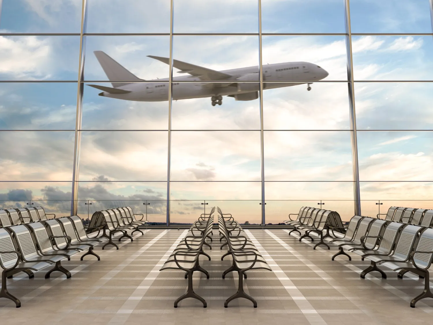 Empty airport departure terminal lounge